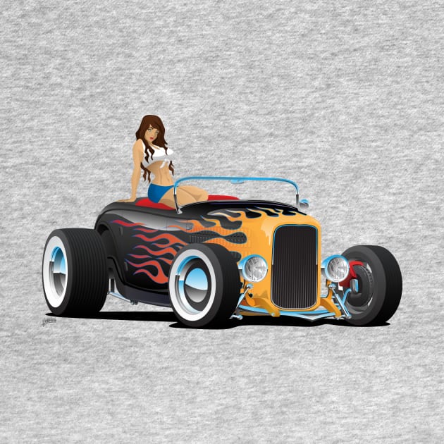 Custom Hot Rod Roadster Car with Flames and Sexy Woman by hobrath